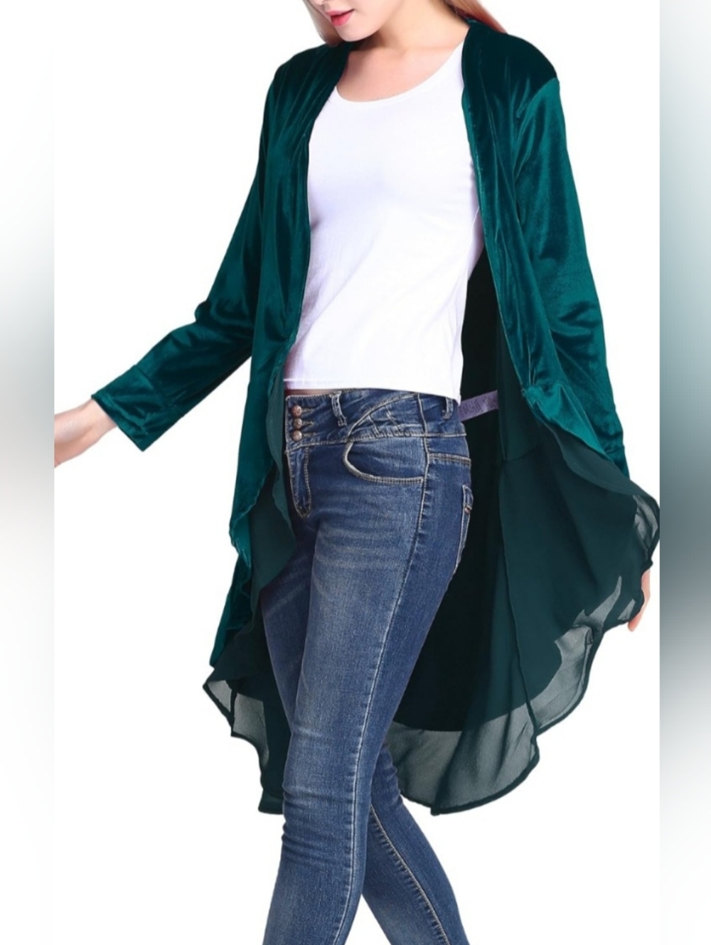 Urban Coco Teal Peacock Blue/Green Open Front Cardigan. Stretch Velvet Chiffon